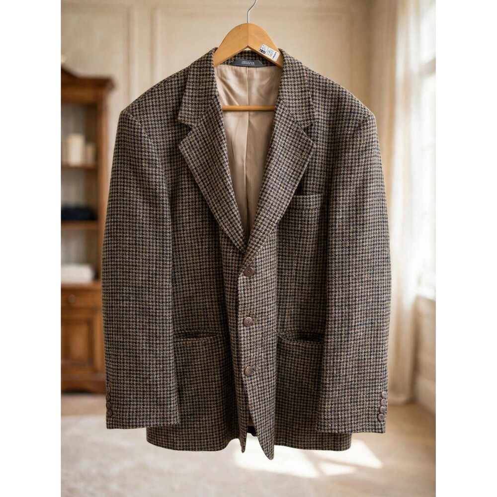 Haggar City Casuals Houndstooth Sport Coat 46R 3 Button Dark Academia USA Mens